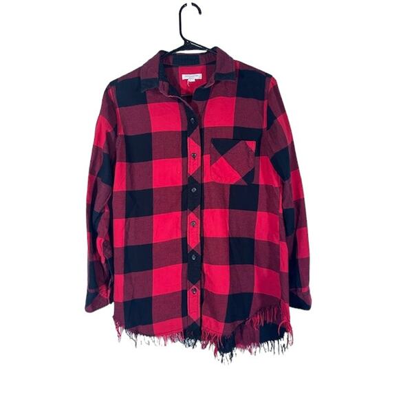 beachlunchlounge Tops - BeachLunchLounge Red Plaid Button Front Shirt Fringe Trim Long Sleeve Women Sz S
